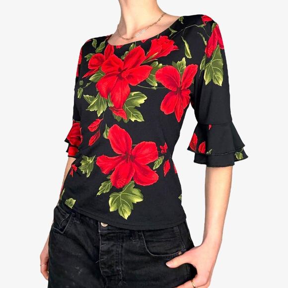 Black floral print ruffle sleeve red flowered boho work - Picture 4 of 8